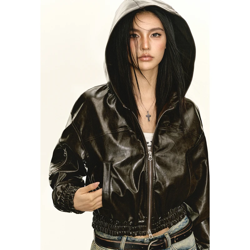 Ariseism  美式复古连帽皮衣外套女2024秋冬新款上衣