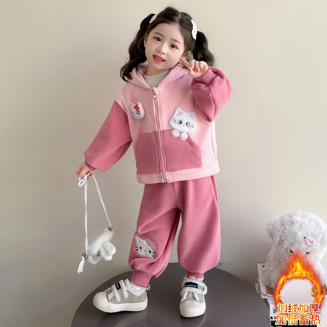 秋季女童刺绣套装新款秋冬款洋气卡通女孩加绒开衫女宝冬季两件套