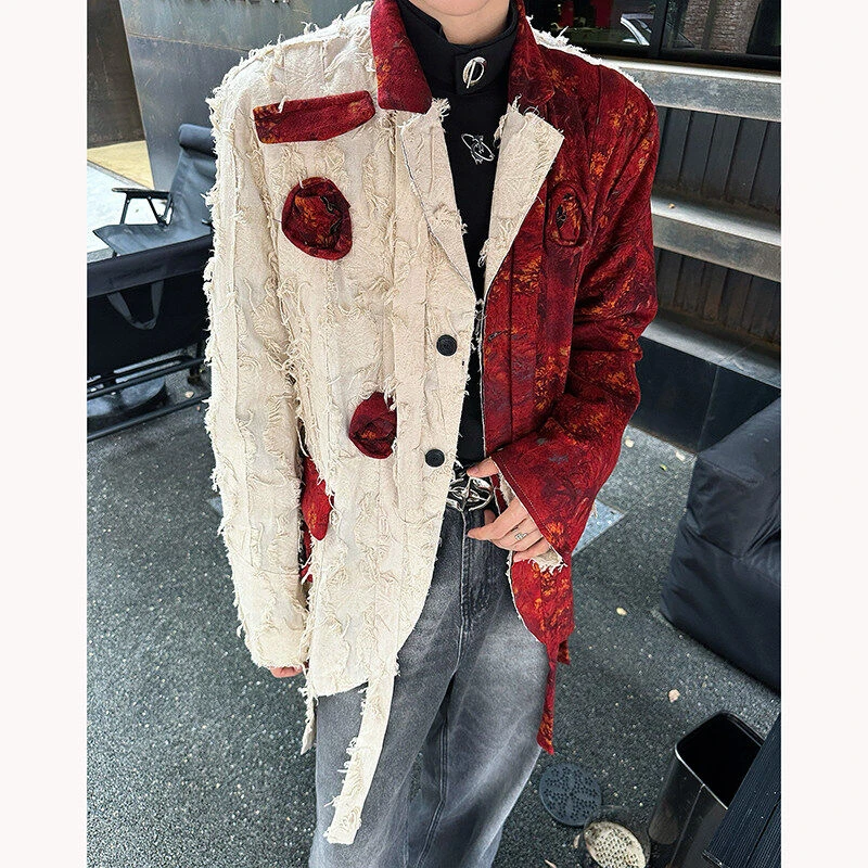 国风拼接红色西装外套男款宽松新中式复古小众手工毛边玫瑰西服潮