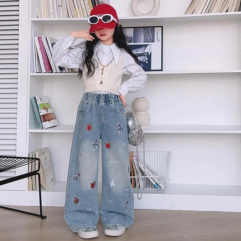 女童牛仔裤春秋洋气儿童裤子直筒阔腿裤宽松早春大童春装2025新款