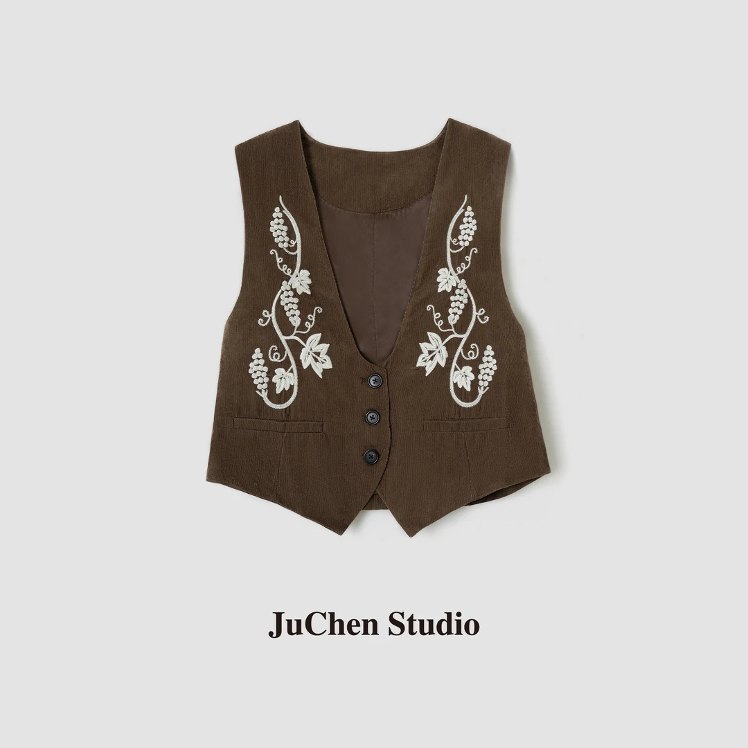 波嬉风瓦陶棕葡萄藤民族刺绣深U领艺术坎肩马甲FW106002-54