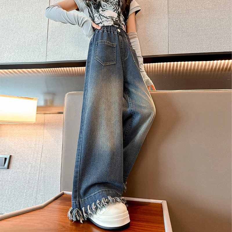 女童流苏牛仔阔腿裤春秋洋气小女孩秋冬加绒儿童中大童直筒牛仔裤