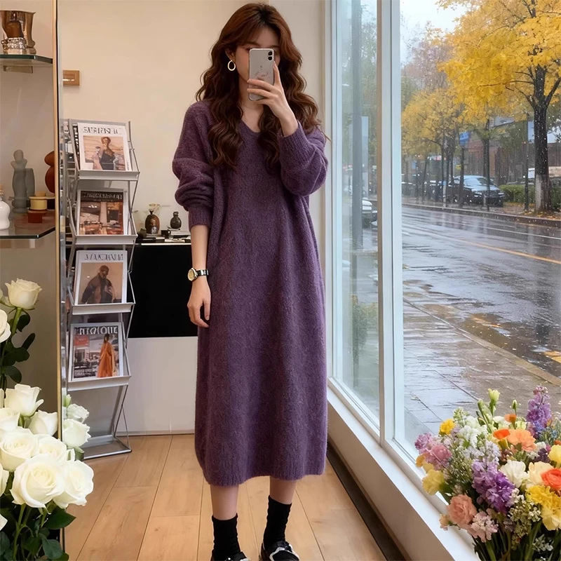 胖mm大码显瘦打底秋冬款V领针织连衣裙女韩版慵懒风长款毛衣裙子