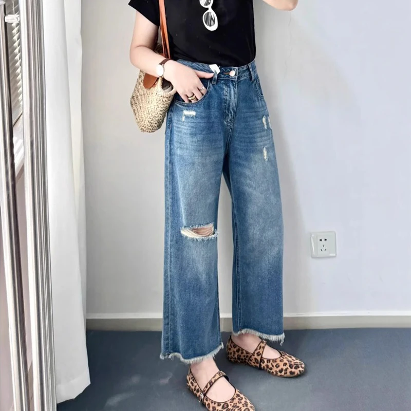 大码梨形身材破洞显瘦直筒女牛仔裤夏季薄款高腰宽松垂感九分裤子