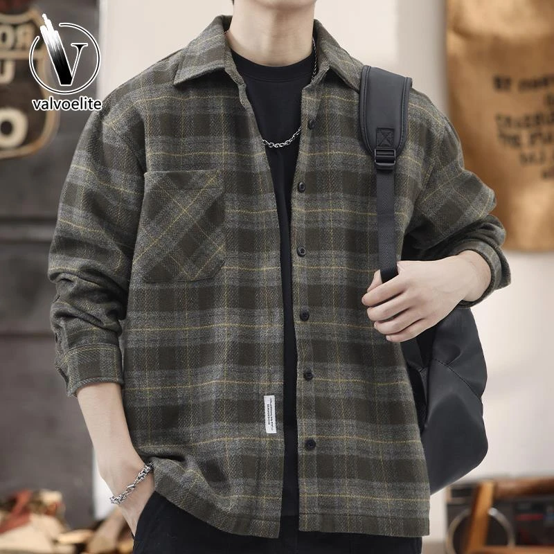 VALVOELITE高街潮流加厚格子衬衫式外套男士秋冬款长袖夹克衬衣潮