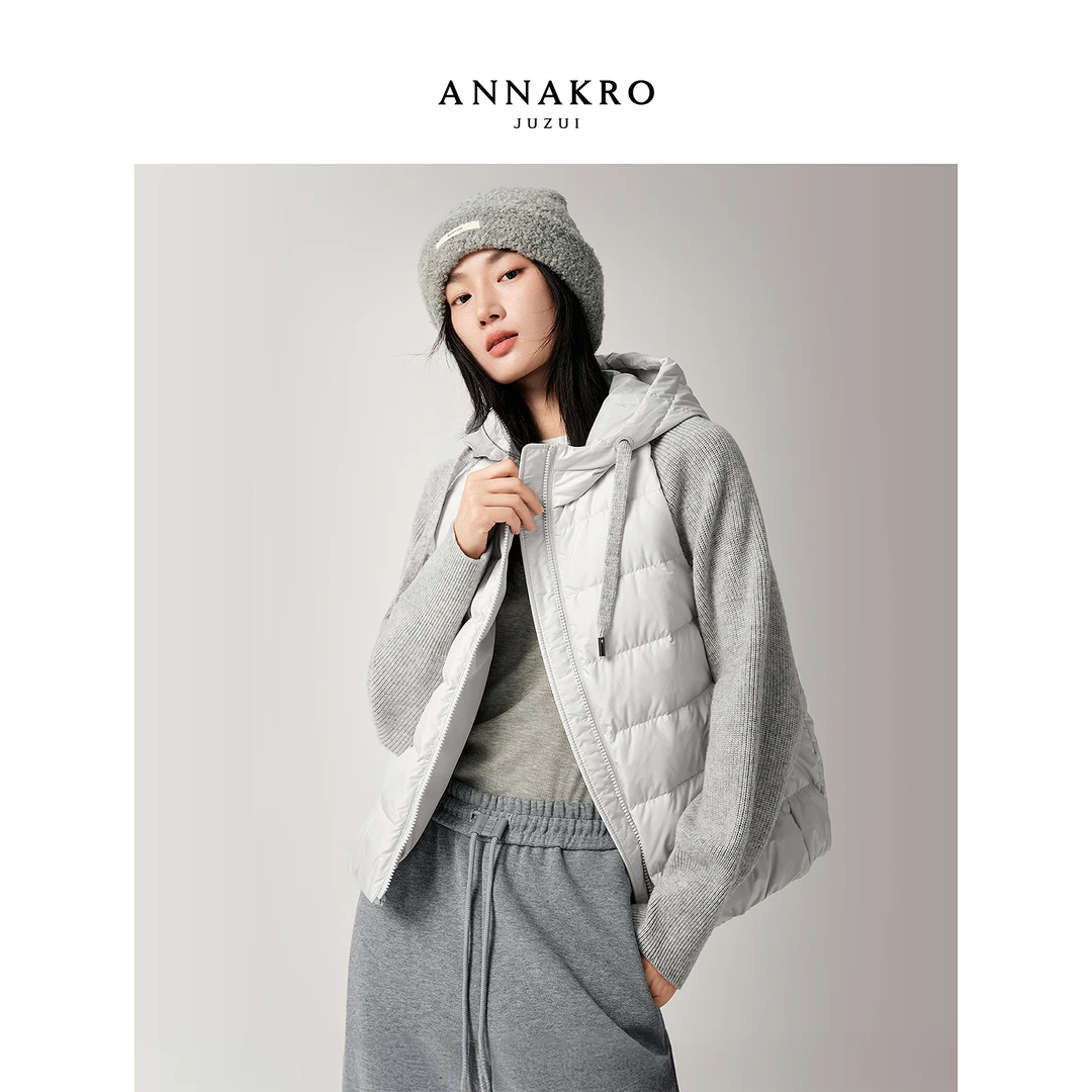 【轻暖】玖姿·安娜蔻针织拼接三防发热连帽鸭绒2025新款KWFD03408