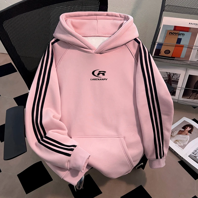 Dekkry潮流时尚简约字母印花秋冬新款三条杠连帽卫衣男女加绒上衣