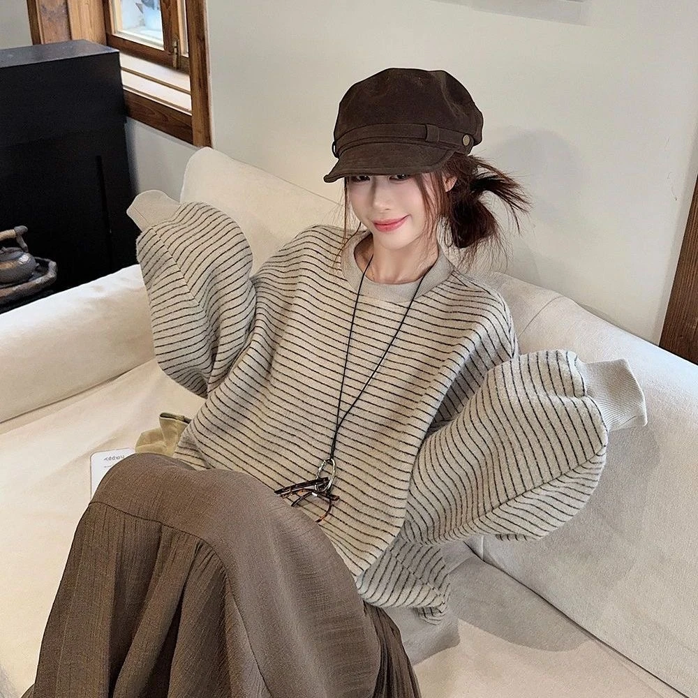 美式复古条纹圆领卫衣女秋冬新款宽松慵懒风秋季长袖卫衣女上衣潮