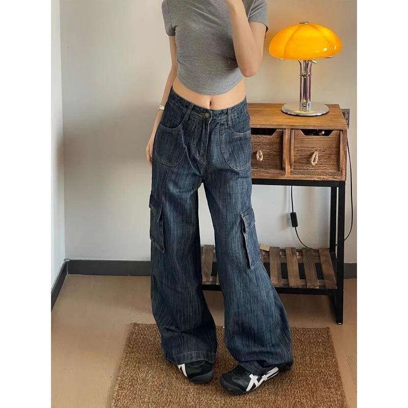 cleanfit潮牌怀旧蓝多口袋牛仔裤男女直筒垂感休闲阔腿潮百搭裤子