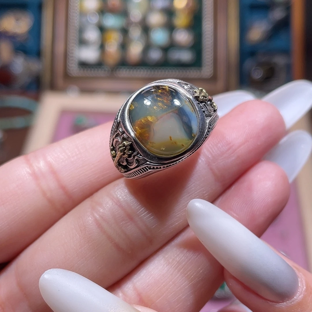 琥珀银S925镶嵌戒指戒指