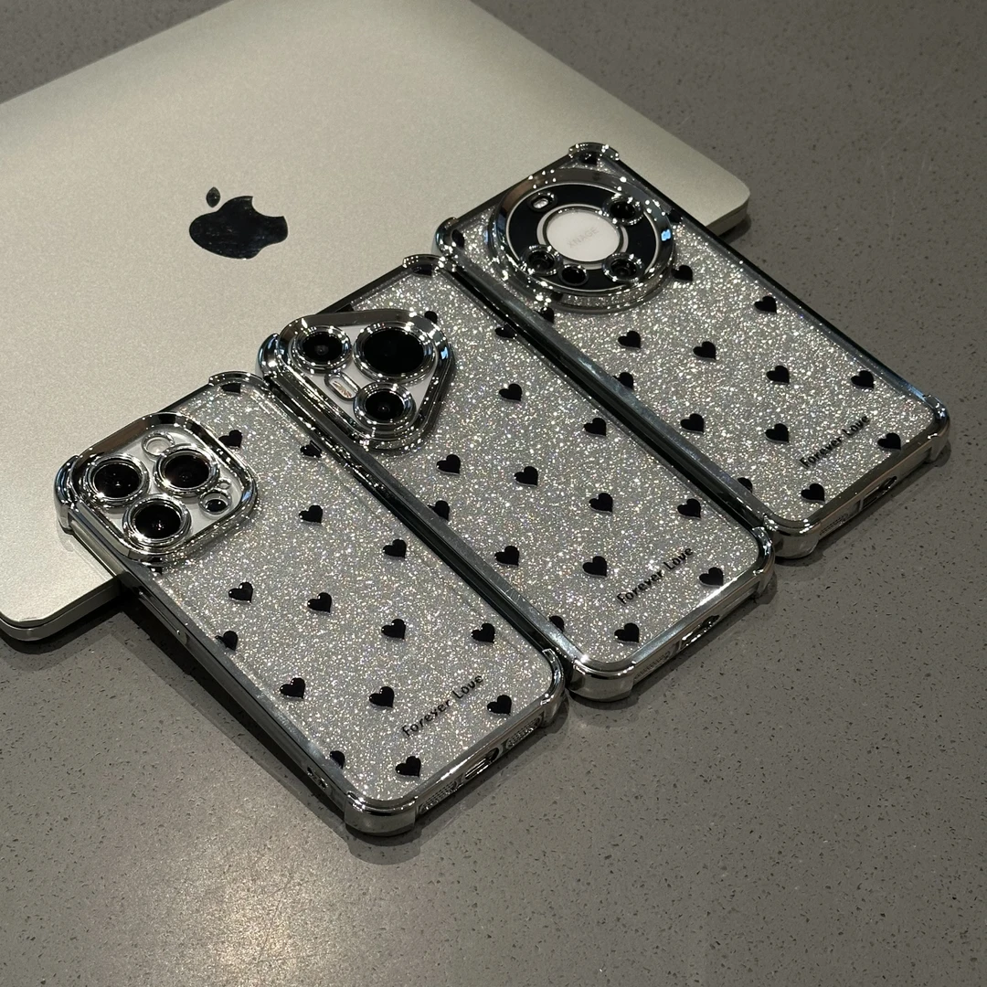 BANCA 满屏黑色小爱心电镀防摔手机壳适用苹果16华为oppo小米vivo