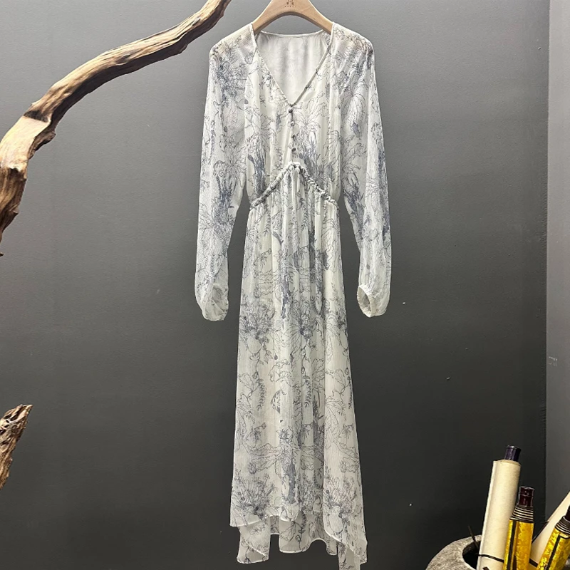 （阿咪）气质V领印花桑蚕丝连衣裙D900A575