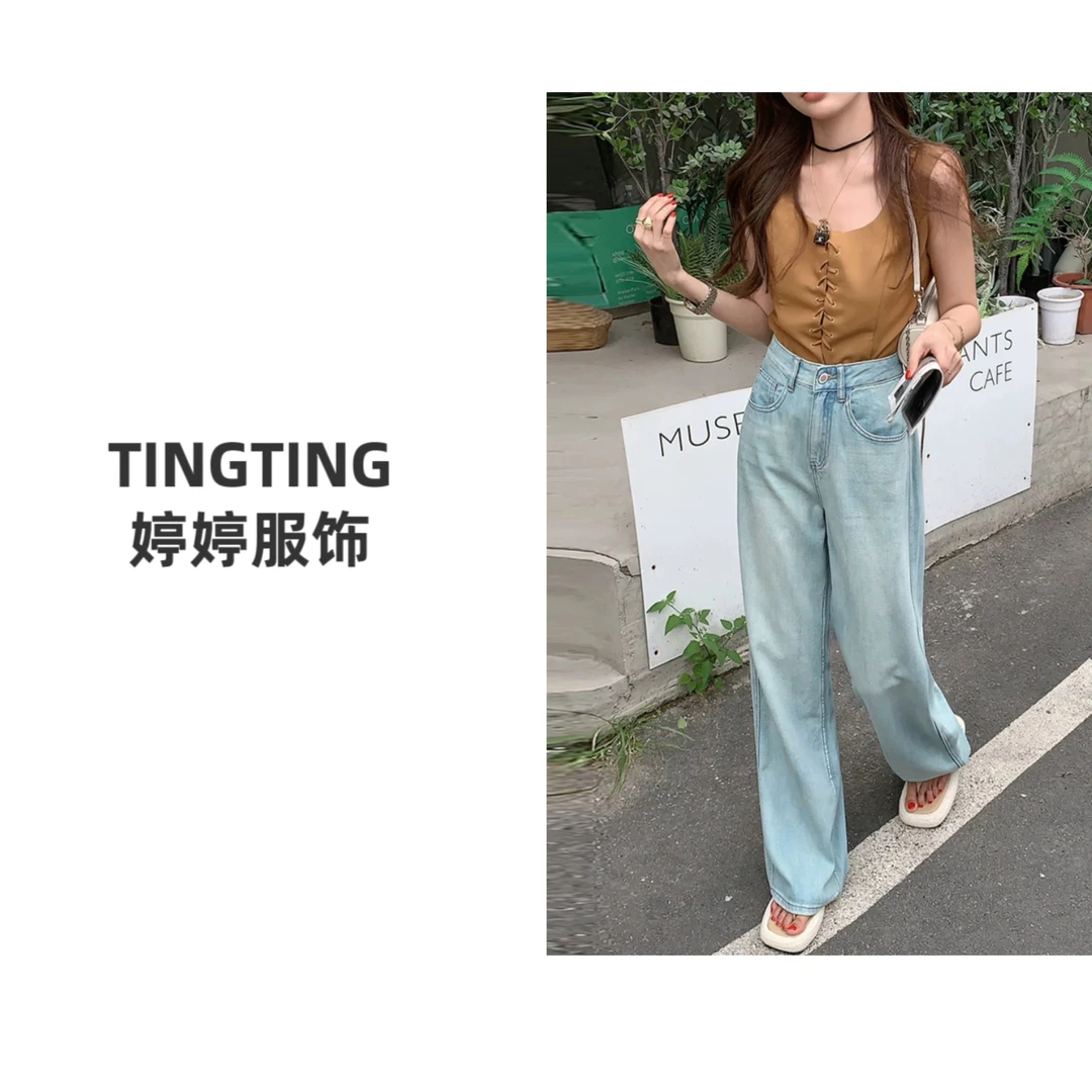 【TINGTING】2025春季新款美式浅蓝高腰直筒阔腿牛仔裤