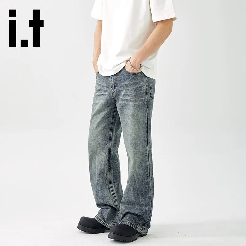 it:CHOCOOLATE美式高街风复古牛仔裤男秋季新款宽松阔腿裂纹长裤