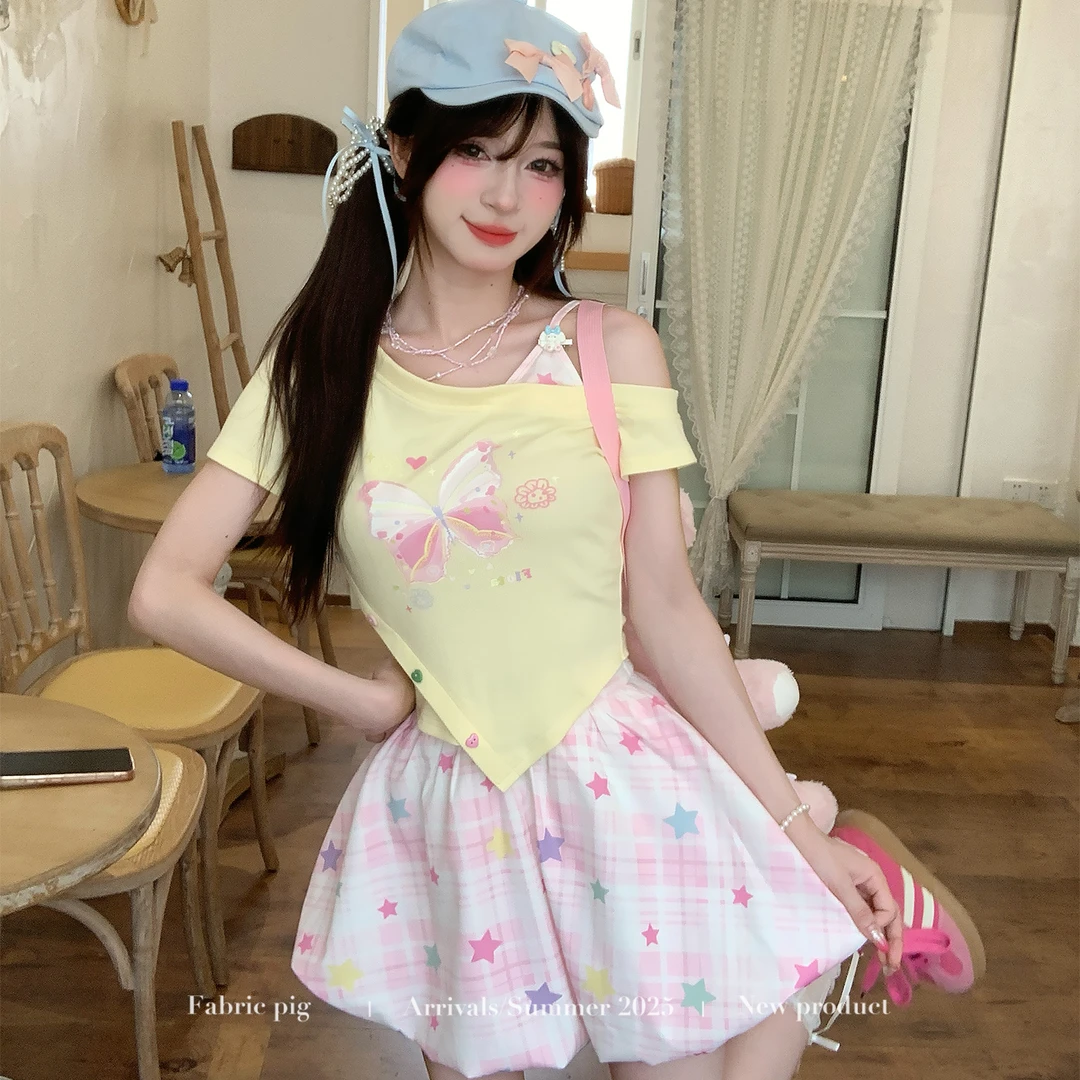 甜桃奶芙 织物猪原创 多巴胺穿搭斜领露肩上衣女夏花苞格子短裙