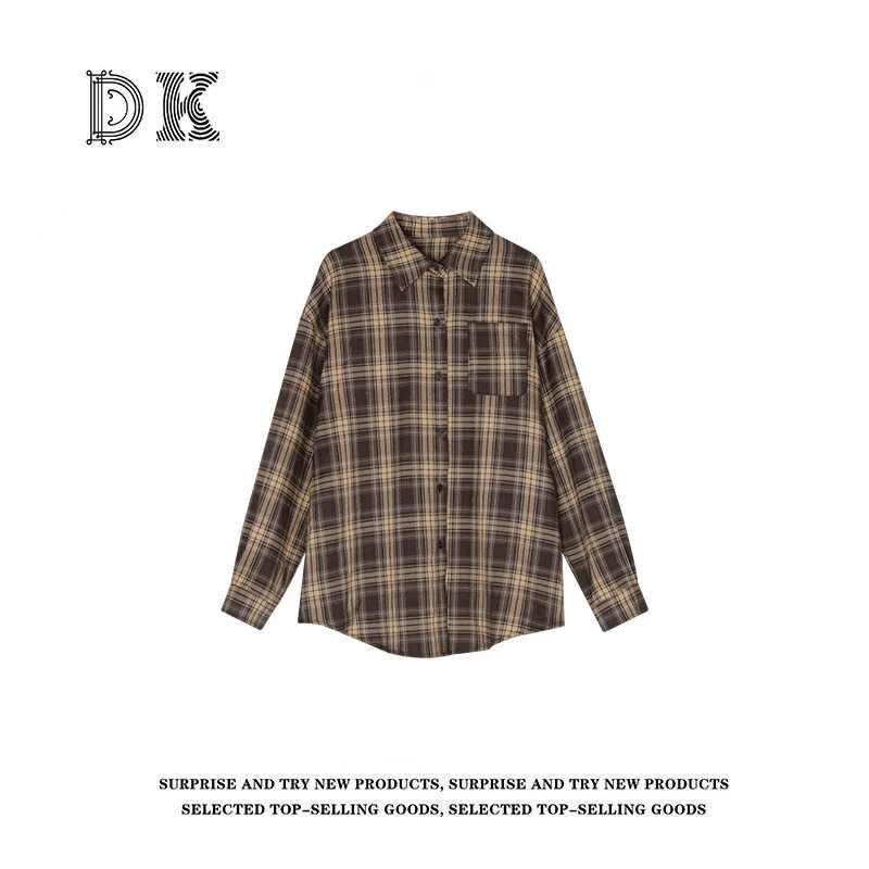 DK 2025春季 学院风复古格子衬衣女装休闲百搭长袖衬衫 93023