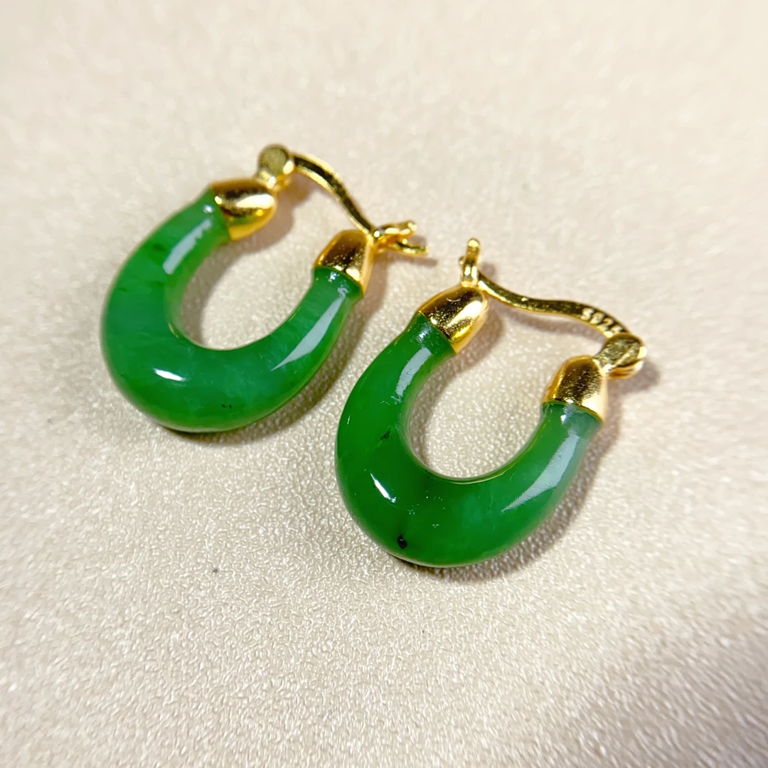 天然和田玉碧玉公主扣月牙925银耳扣防过敏耳钩耳饰耳环女@0322