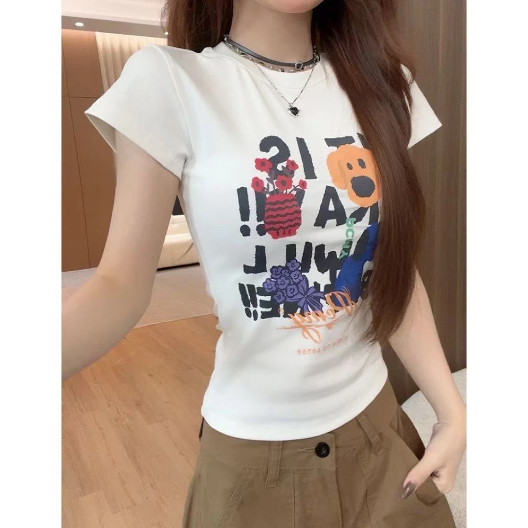 【趣味小狗】美式高街宽松休闲T恤女夏季新款修身短款上衣-T3009