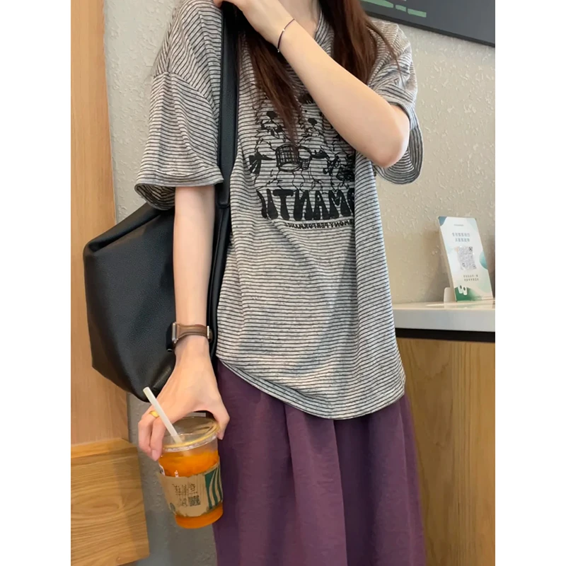 Julychee 肌理感花纱杂色细条纹小狗印花T恤