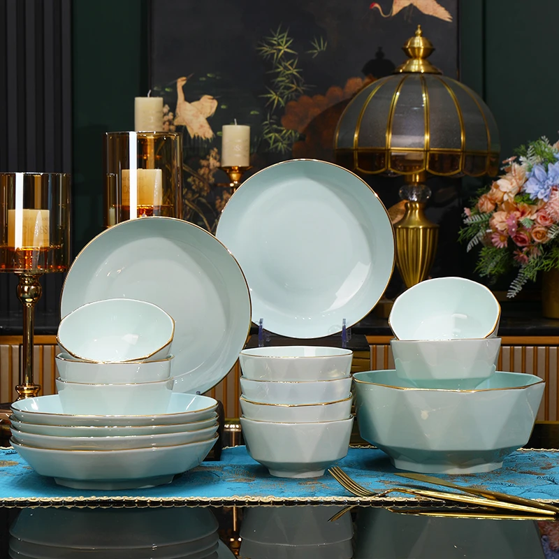 青瓷钻石影青17件套4.5碗10只7钻石盘6只8汤碗1只家用轻奢简约