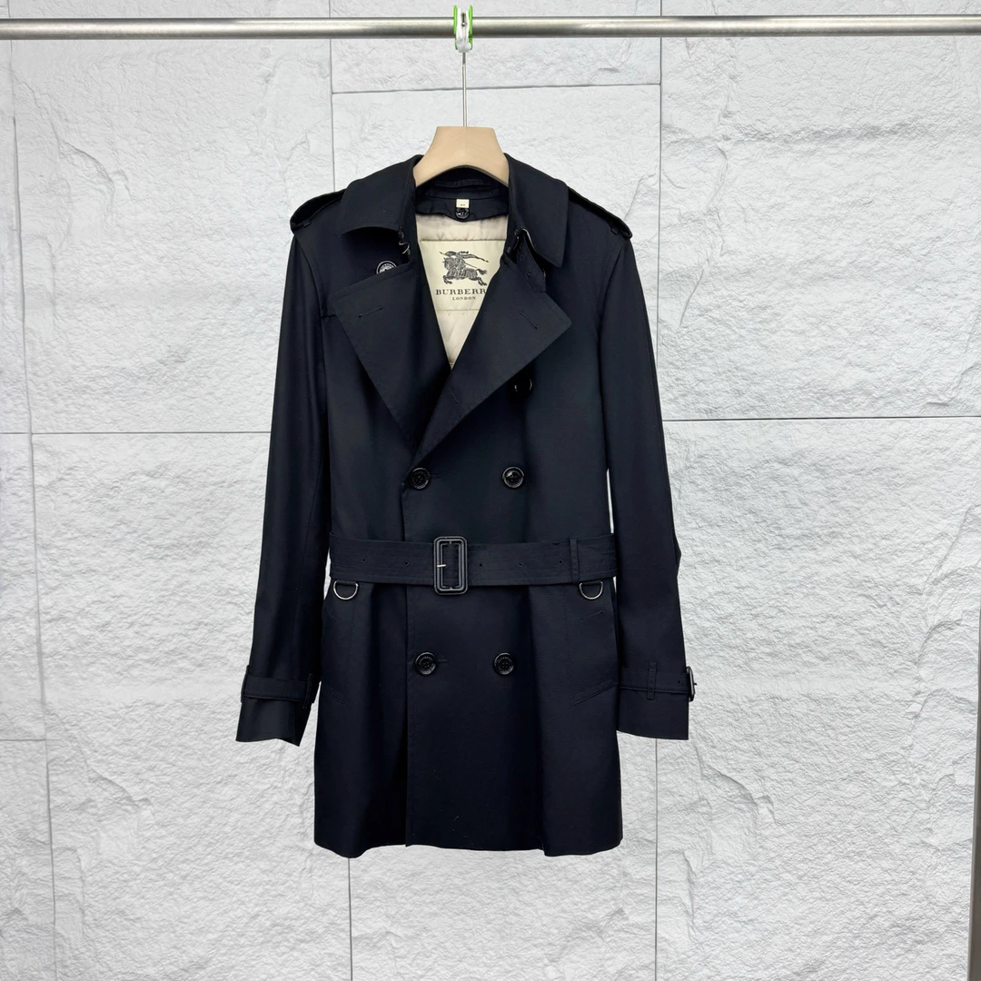 99新 BURBERRY/博柏利 46码/黑色翻领双排扣系腰带大衣/17204207