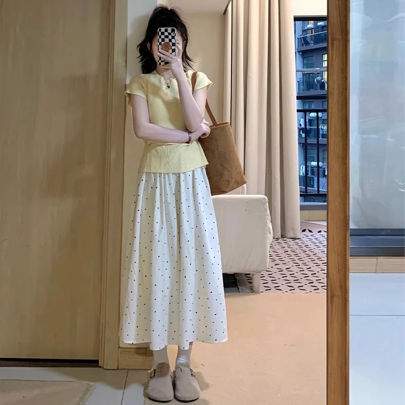 团加热臻选白色波点半身裙子女夏季2025新款高腰显瘦a字法式气质