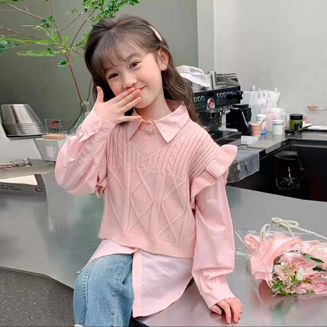 （同色马甲两件套）女童花边袖口马甲衬衫两件套