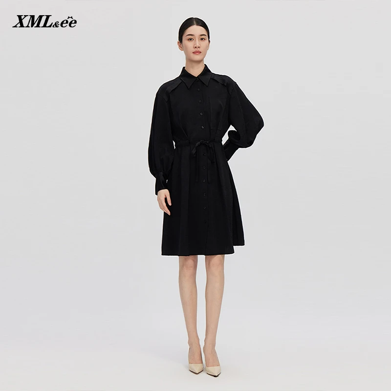 XMLee艾米尔 黑色醋酸质感系带收腰百搭连衣裙 X421L1281