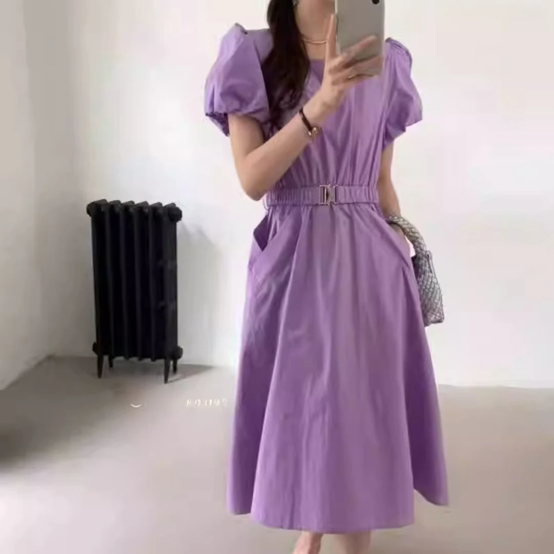 606/2013/139-9  韩版洋气圆领泡泡袖连衣裙女收腰中长款A字裙