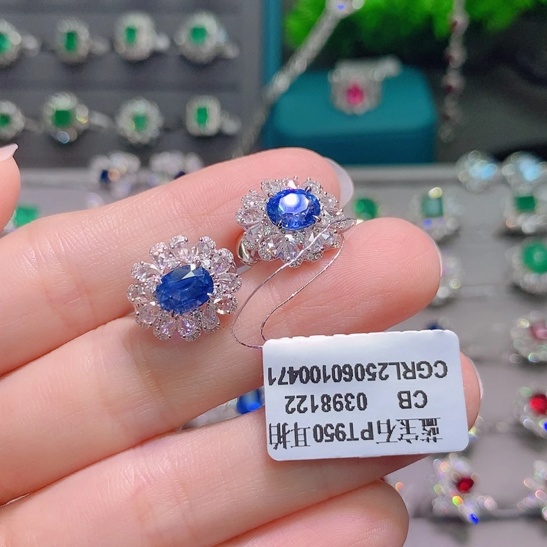 蓝宝石蓝宝石耳扣铂Pt950镶嵌江*宝