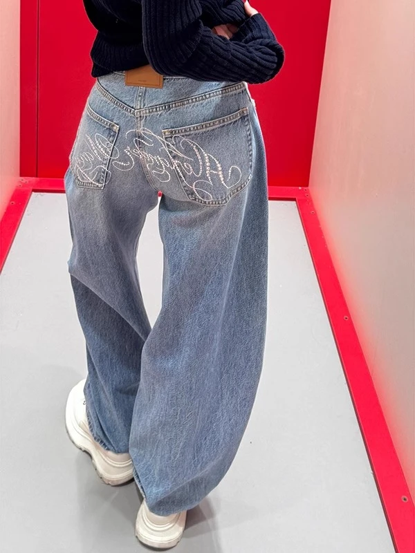 美式辣妹重工高腰烫钻牛仔裤2025新款爆款设计感直筒拖地裤阔腿裤