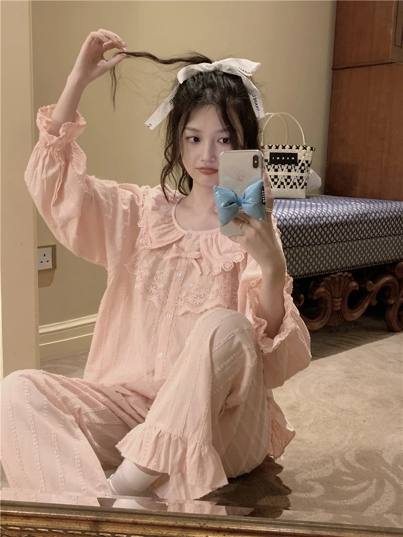 韩国ins公主风提花纯棉睡衣女春秋季长袖长裤甜美蕾丝花边家居服