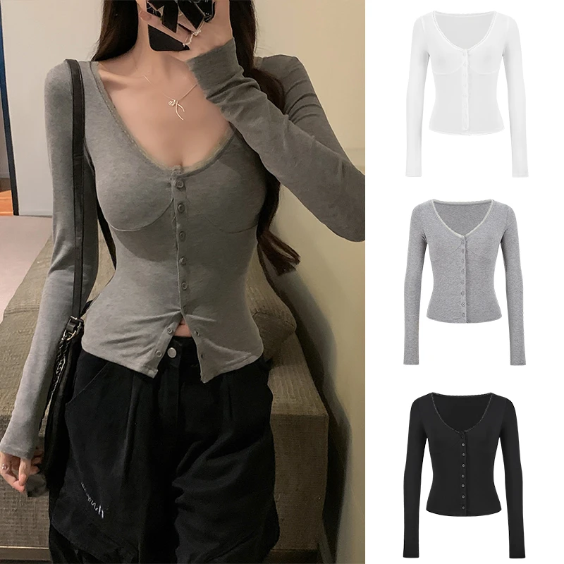 Moses Queen/魔西女王纯欲蕾丝拼接V领长袖开衫修身辣妹短款上衣