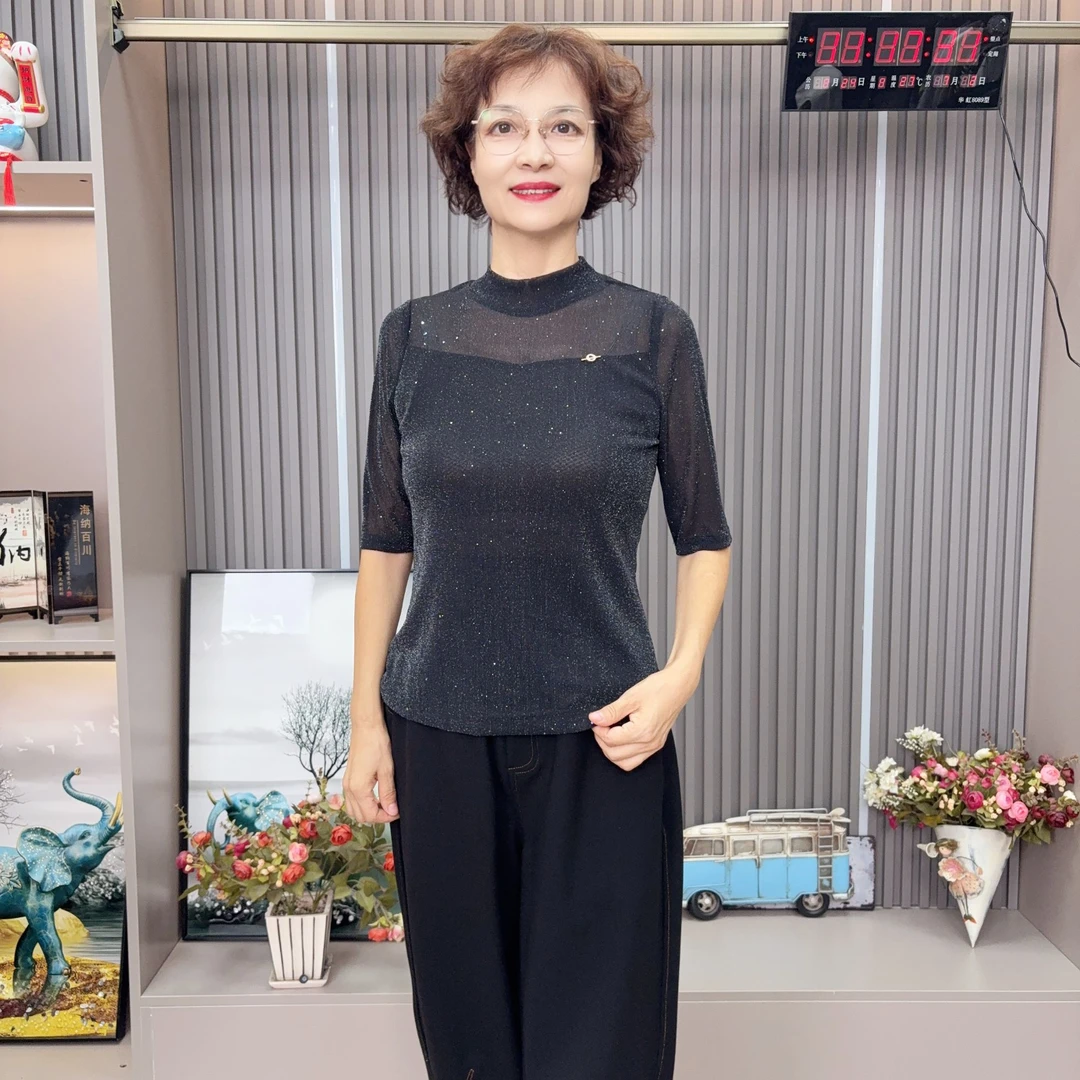 35-妈妈装中老年女装女士秋季万能打底衫显瘦时尚百搭夏季修身