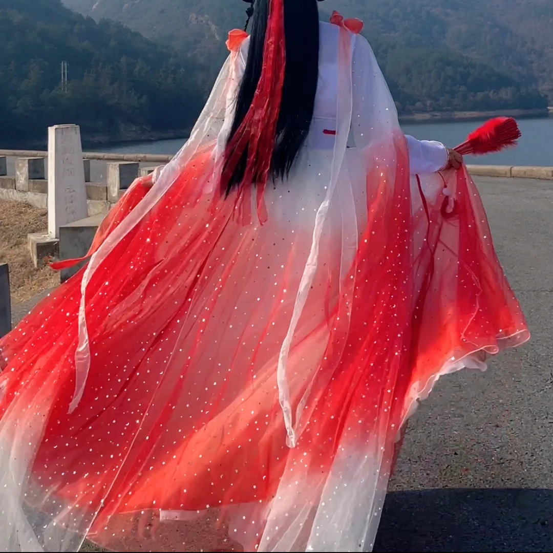 红色渐变亮纱日常古风仙侠仙女服