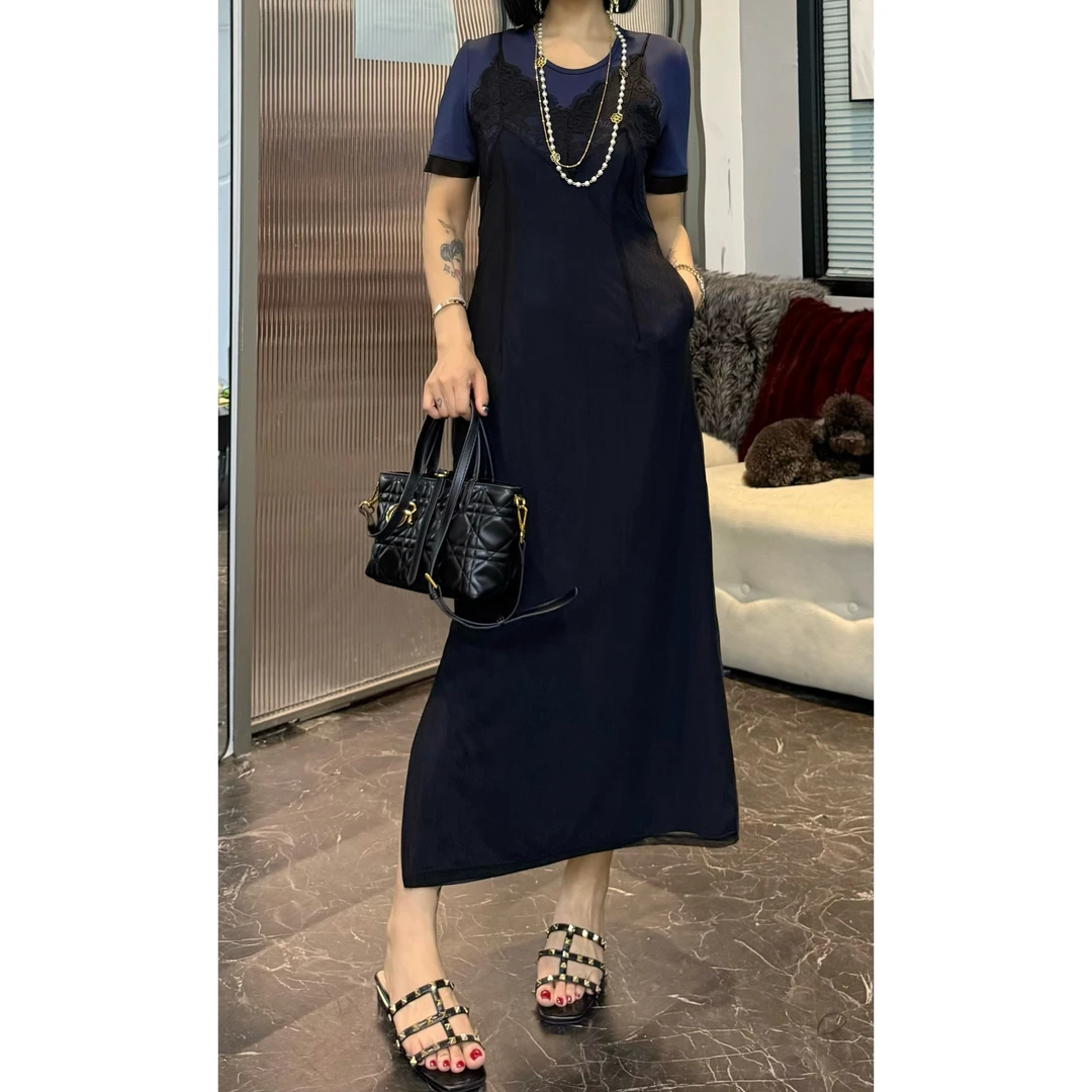 SONG-原创【连衣裙-蓝调山河】新款重工假两件设计百搭显瘦气质短袖