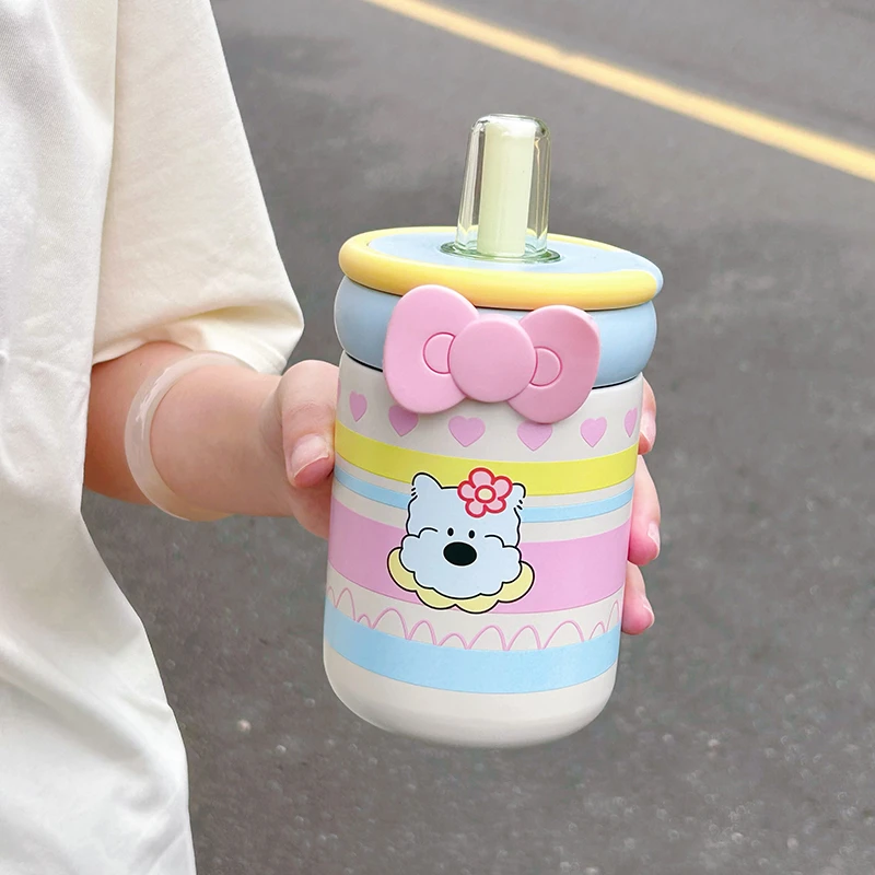 可爱保温杯2025新款女生高颜值吸管水杯便携陶瓷内胆卡通杯子夏天