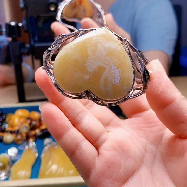 银S925镶嵌琥珀手链波兰设计款琥珀蜜蜡