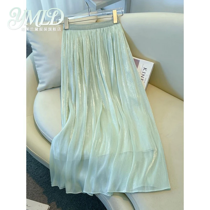 绿色流光纱半身裙女夏季薄款2026新款巨好看a字裙百褶裙显瘦伞裙