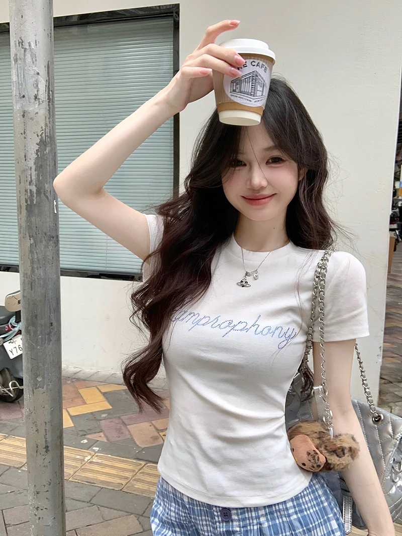 【小可爱专属】正肩短袖T恤女夏季设计感小众修身显瘦短款辣妹上衣