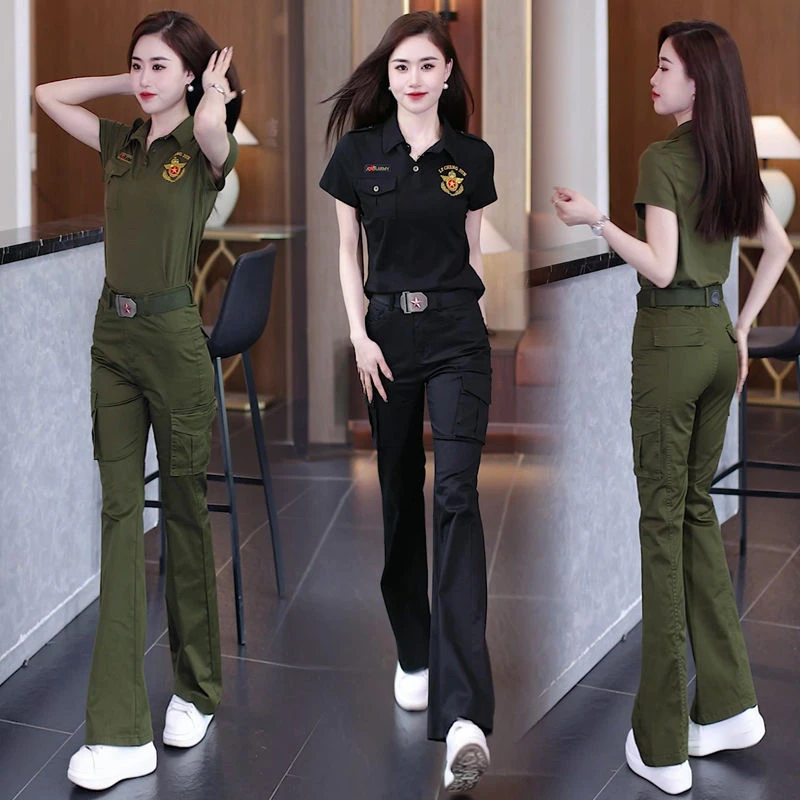 黑色休闲运动套装女夏季时尚短袖T恤微喇裤子女装t恤迷彩短袖女款