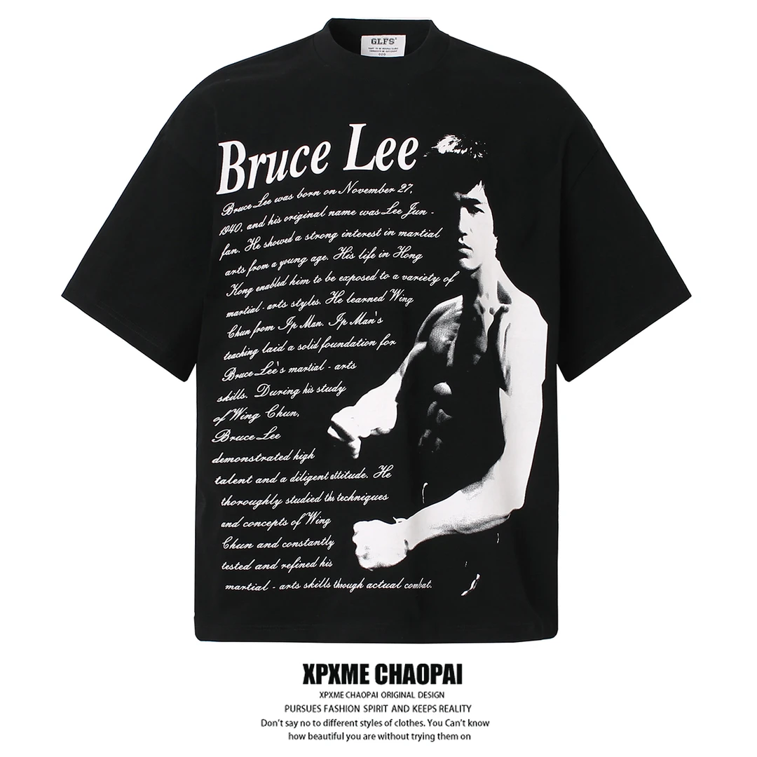 欧美时尚字母夏季李小龙印花百搭短袖T恤男女hiphop宽松休闲上衣