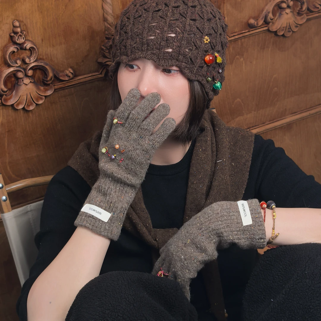 美拉德色系100%WOOL蝴蝶结手套ins羊毛针织手套可触屏保暖可爱