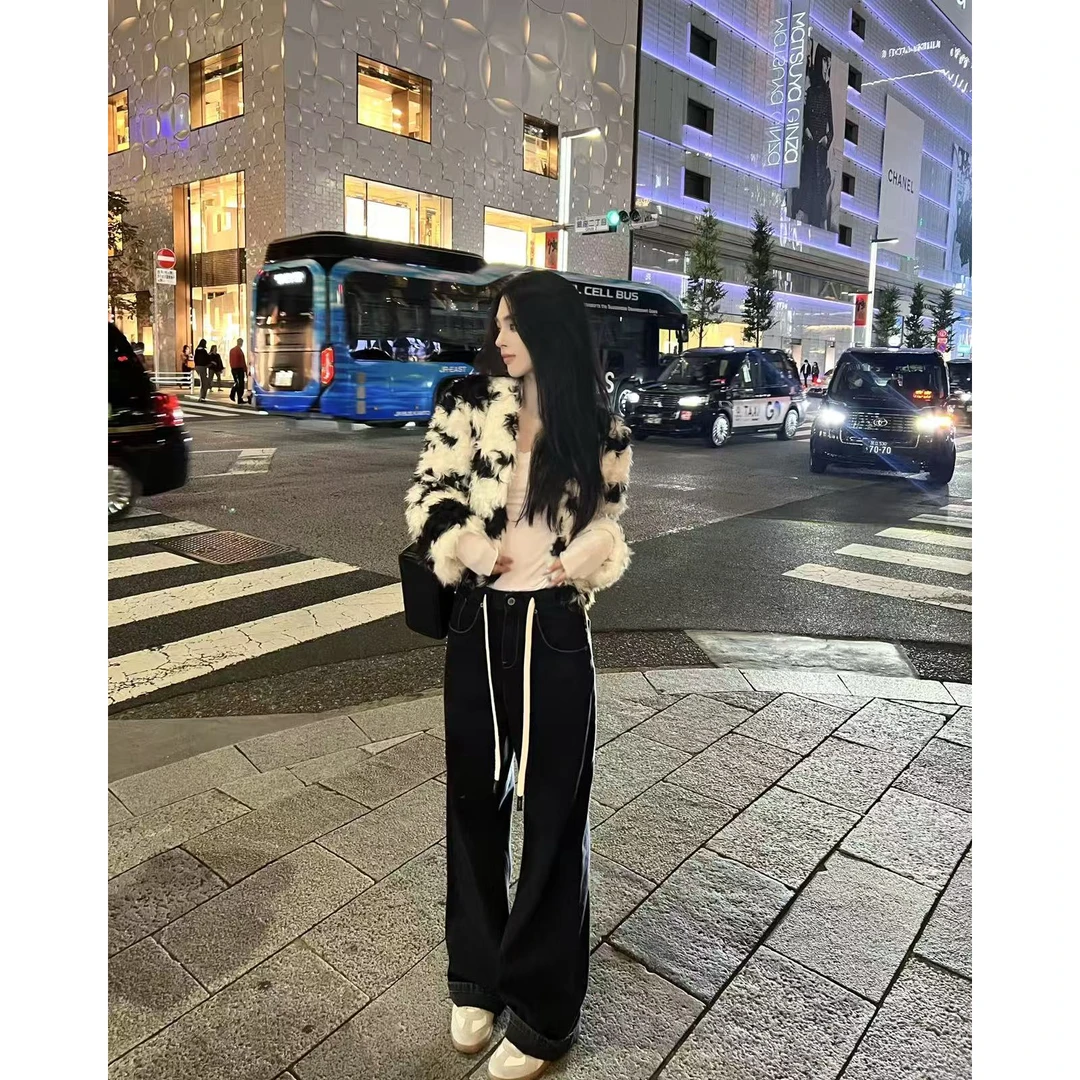 729 遮胯超软牛仔裤女夏松紧高腰抽绳窄版直筒阔腿B4