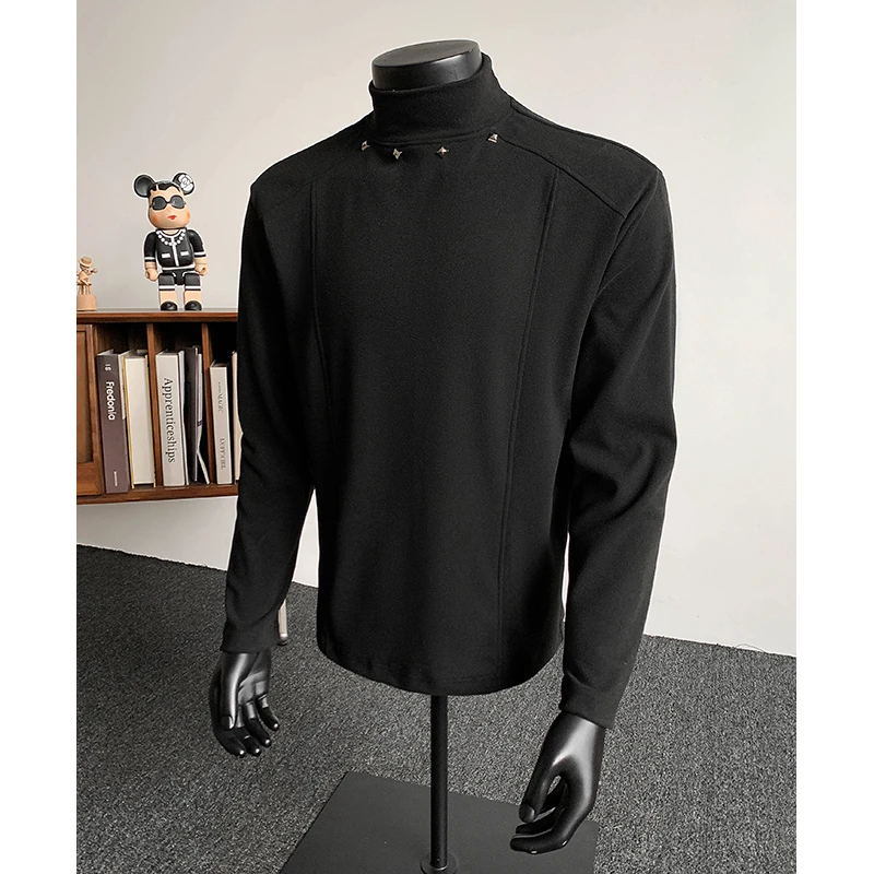 半高领内搭金属铆钉德绒打底衫男士秋冬潮流休闲百搭解构拼接上衣