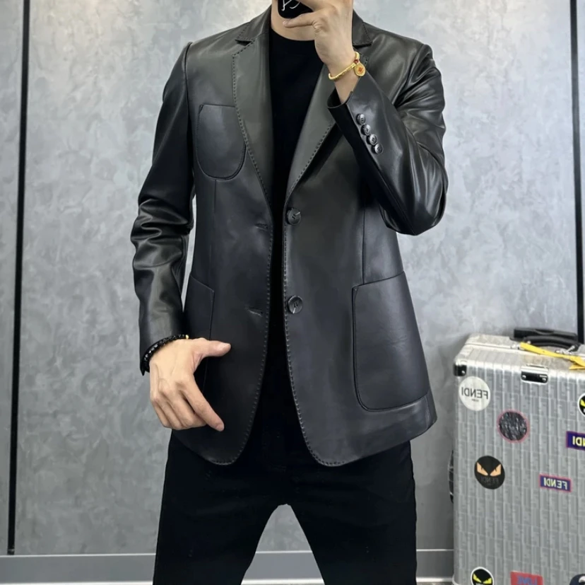 秋季新款男士轻奢时尚休闲商务百搭羊皮剖层西服上装 23029