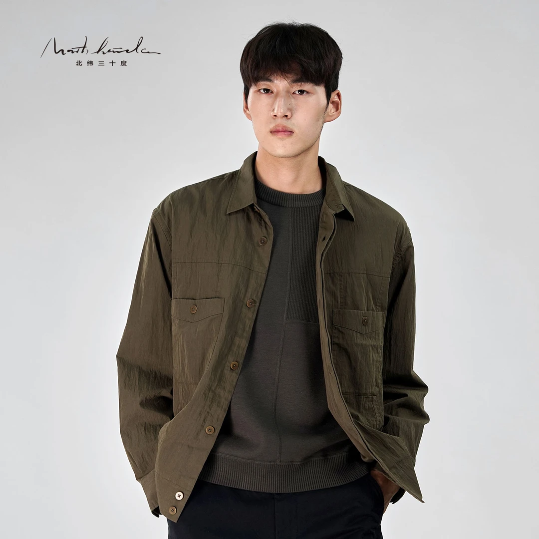 北纬三十度设计师男装春秋高级感工装风微皱含里衬长袖衬衫夹克