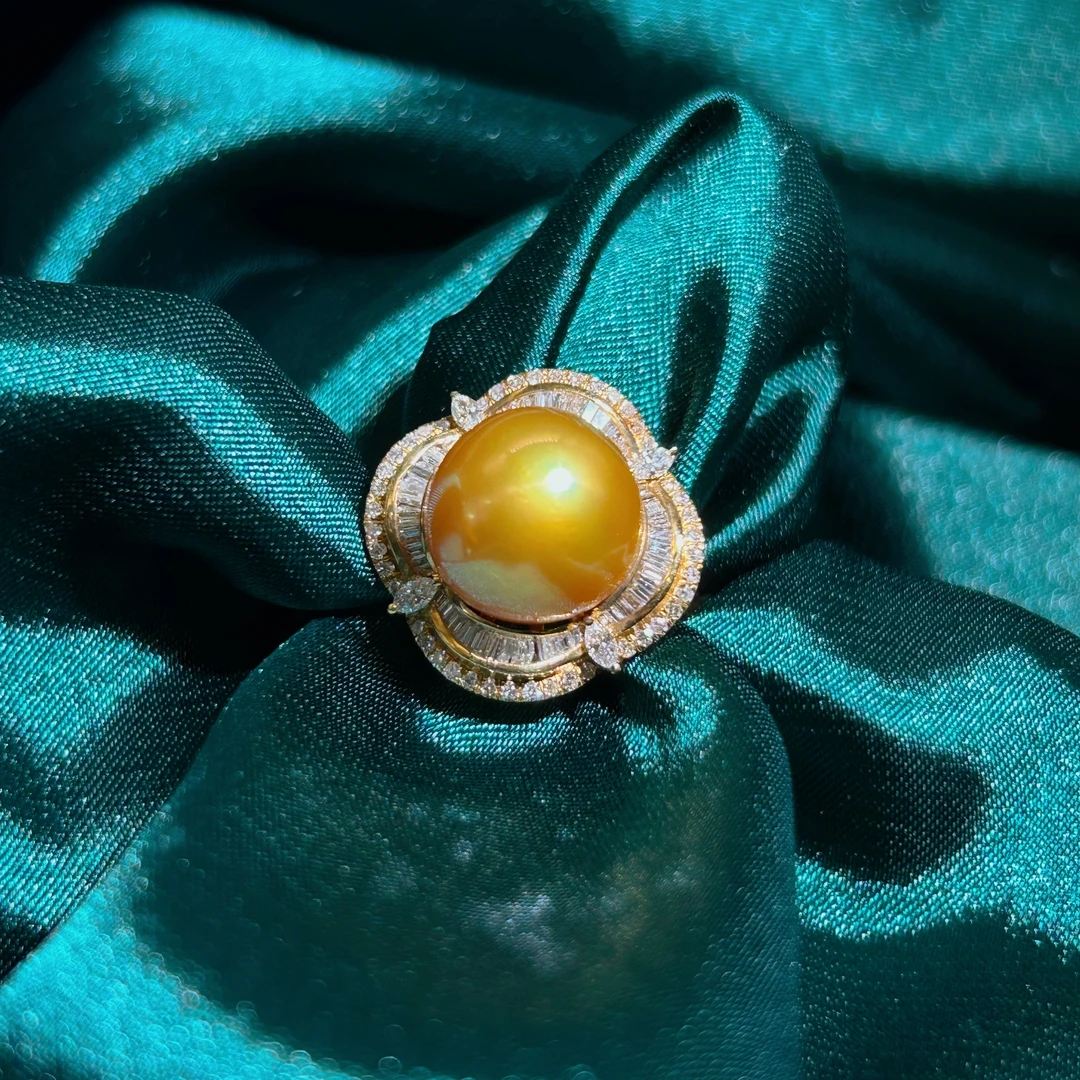 【石古会】18K金珍珠12mm无瑕浓茶金设计款戒指