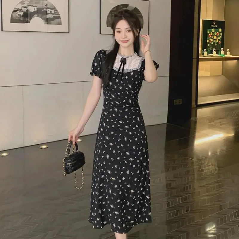 【周周】【有内衬】茶歇拼接黑色连衣裙收腰a字小黑裙少女短裙D1326