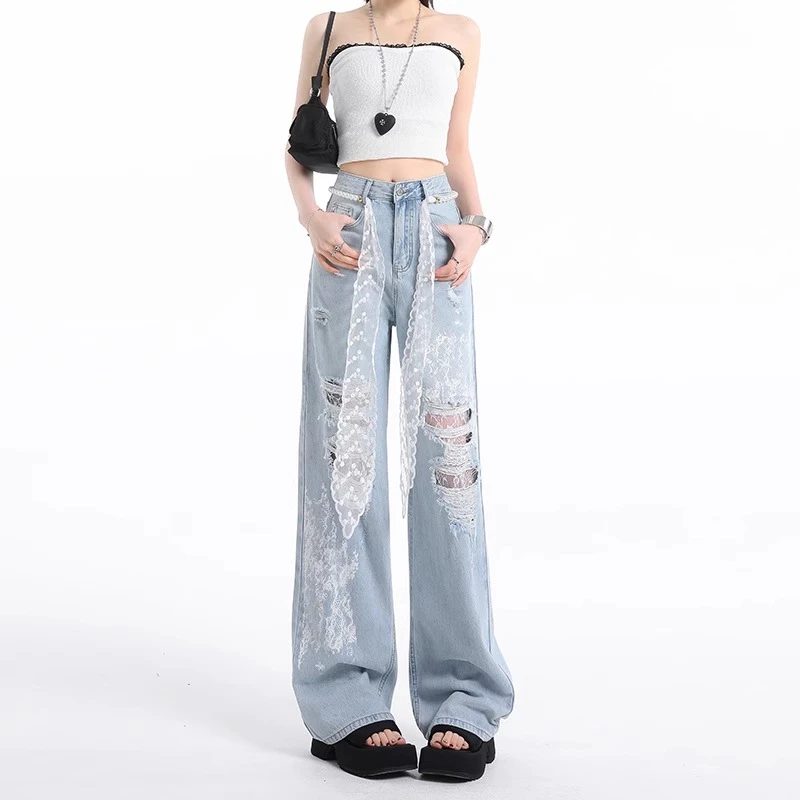 浅蓝破洞蕾丝阔腿牛仔裤女2025夏季新款小众设计感宽松显瘦长裤子